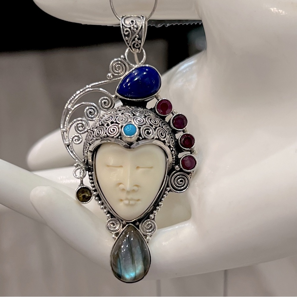 Carved Bone Multigemstone Sterling Silver Pendant Necklace